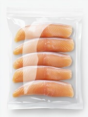 Fresh salmon fillets packed in sealed transparent plastic bag, top view on white background