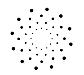 Black radial dot pattern forming circular abstract shape for minimal icons, decorative elements, modern vector graphics, and geometric design accents