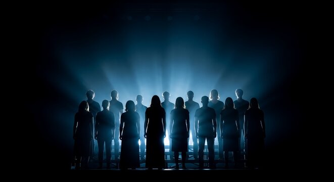 Silhouetted choir with bright light shining from behind them.