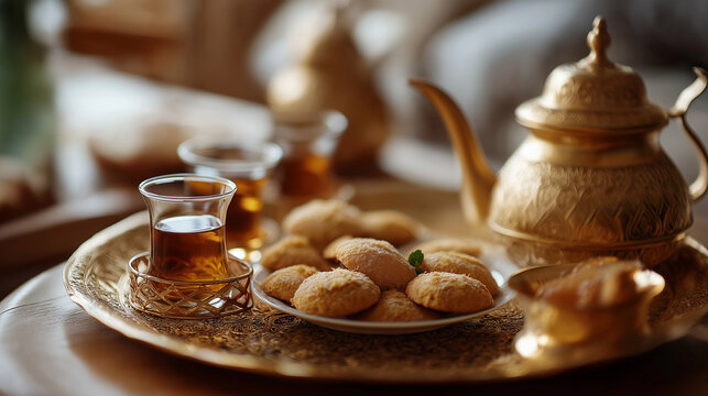 Traditional Arab dessert set with tea tray faceless ceremony display defocused teapot and cups background placed on table traditional tea ceremony Middle Eastern hospitality - Powered by Adobe