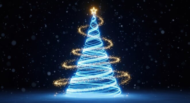 A blue and white Christmas tree with glowing lights and snowflakes falling. - Powered by Adobe