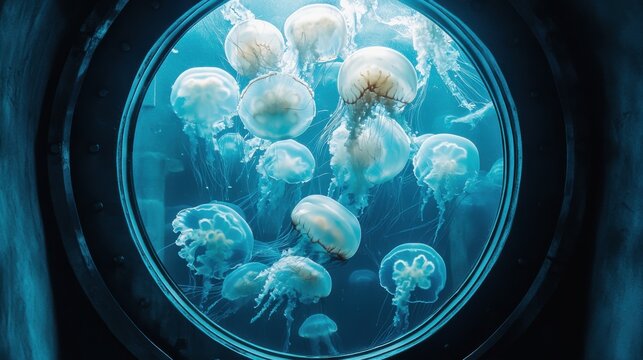 Fototapeta Jellyfish floating in blue water seen through a submarine porthole window