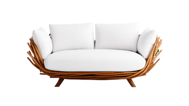 Modern Wooden Garden Sofa with White Cushions on Transparent Background