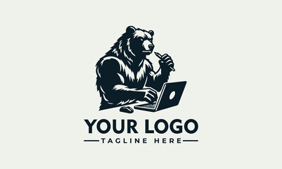 Dynamic Bear Mascot Vector Logo Design for Tech and Creative Brands. Powerful animal illustration for digital business identity, symbolizing strength, intelligence, and productivity at the laptop