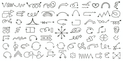 A comprehensive set of hand-drawn vector arrow icons. A large collection of doodle pointers, cursors, and direction symbols for creative web design