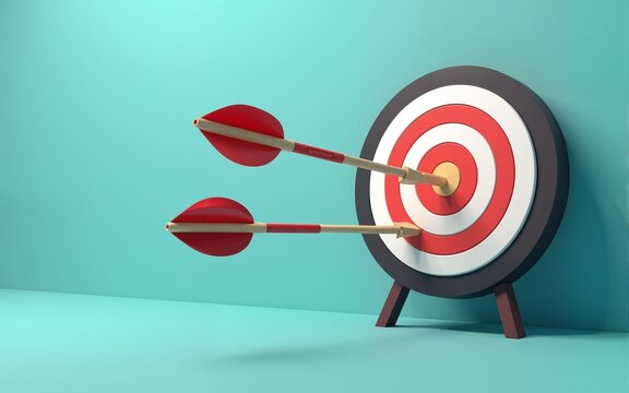 Business or success concept. Arrows aims at a dartboard target. Winning situation. Reach goal of success. Achievement concept. Business target. 3D rendering. High quality