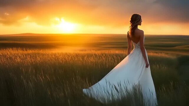 Bride in a Flowing Gown Gazing at a Sunset Over a Golden Wheat Field