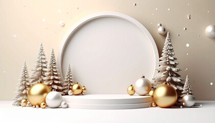 3D podium display, beige background for product presentation or text. White pedestal showcase. Gold Christmas ornament, baubles in snow and sugar cane. Winter Luxury 3D render, New year mockup 