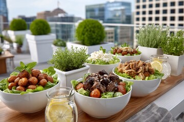 Rooftop gathering featuring delicious bowls of food and refreshing drinks at sunset