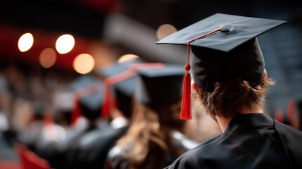 Graduation ceremony with faceless graduates in black gowns defocused mortarboards with red tassels background higher education achievement celebrating students academic success