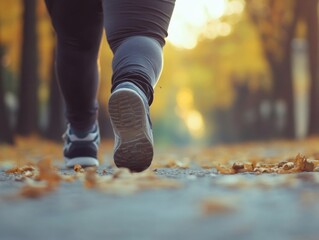 Obese person jogging in the park, determination and healthy lifestyle transformation concept