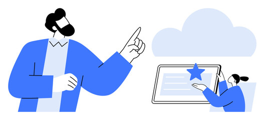 Two professionals engage in teamwork as one gestures towards the cloud and another interacts with a digital tablet. Ideal for cloud computing, teamwork, data sharing, collaboration, remote work