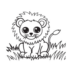 Obraz premium Cute Lion Cub Sitting in Grass Line Art