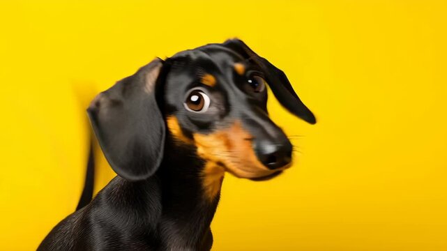 Adorable dachshund dog portrait against vibrant yellow background, perfect for pet lovers and animal enthusiasts