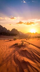 Golden Hour in Wadi Rum - A Desert Landscape at Sunset.