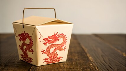 Cream Colored Takeout Box with Red Dragon Design on Rustic Wooden Surface