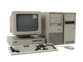 Vintage computer setup with monitor tower keyboard and mouse transparent background cutout png
