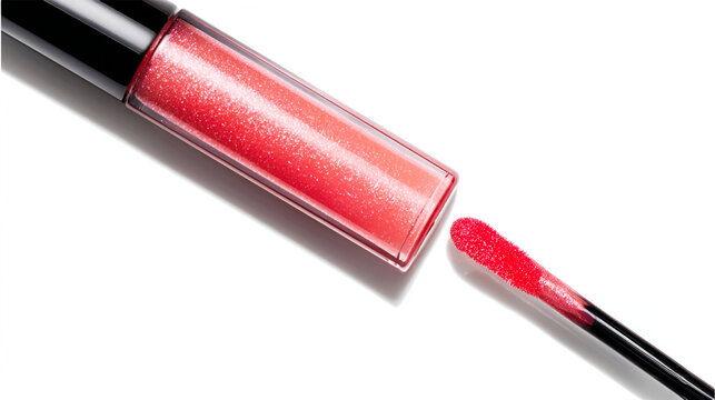 Red shimmer lip gloss lies on white. Bright lighting showcases makeup product for cosmetic ads, branding, websites.