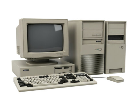 Vintage computer setup with monitor tower keyboard and mouse transparent background cutout png