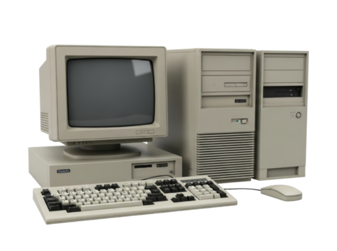 Vintage computer setup with monitor tower keyboard and mouse transparent background cutout png - Powered by Adobe
