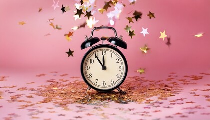 the alarm clock on a pink background with glittering star confetti