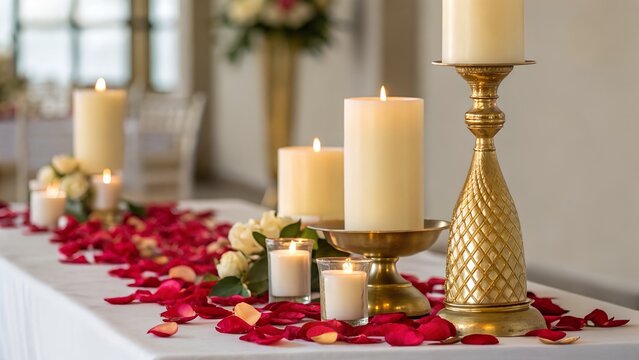 Elegant Wedding Table Setting with Cream Candles and Red Rose Petals Romantic Ambiance