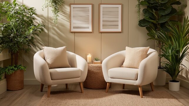 Living room interior with 2 armchairs, white walls, podcast suitable room design