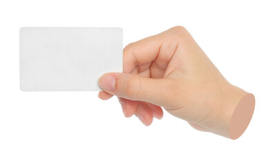 Fototapeta premium Hand holds blank business card, isolated on transparent background, business concept. Contemporary art design