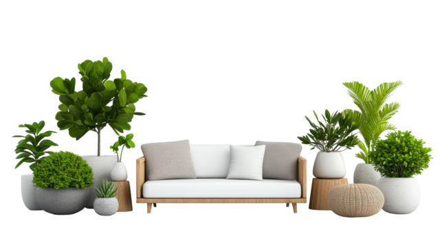 Modern Garden Furniture with Plants on Transparent Background
