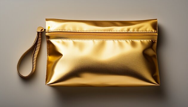 shiny golden foil pouch with zipper closure on a neutral background