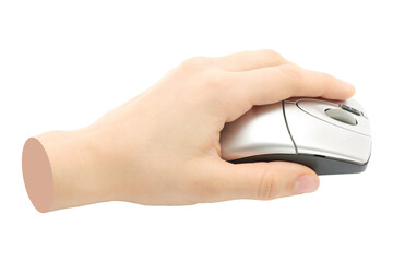 Hand holds a computer mouse, isolated on transparent background, technology concept. Contemporary art design