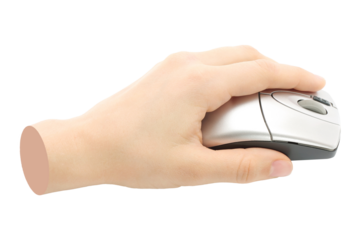 Hand holds a computer mouse, isolated on transparent background, technology concept. Contemporary art design