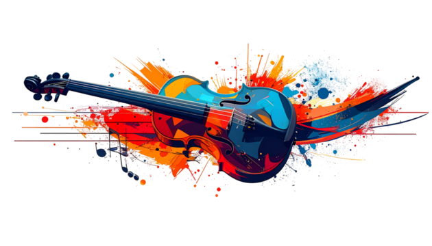 A vibrant artistic depiction of a violin, bursting with colorful paint splatters and musical notes.