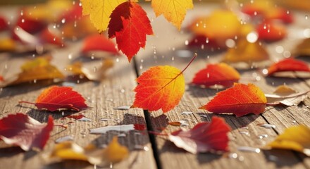 Autumn leaves falling on a wooden deck with raindrops.
