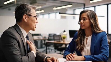An Asian businessman explains details to a female colleague during a meeting. Serious professional discussion in a modern office environment. Great for business, HR, and corporate themes.