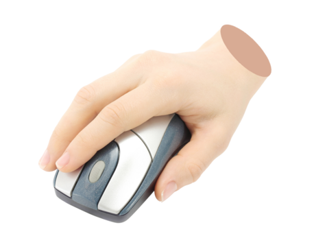 Hand holds a computer mouse, isolated on transparent background, technology concept. Contemporary art design