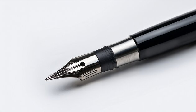 close up of a black fountain pen nib on a white background - Powered by Adobe
