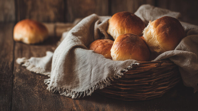 Fresh bread rolls resting in a wicker basket with soft cloth, showing warm tones and golden crusts in a rustic setting. - Powered by Adobe