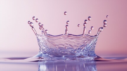 Water drop crown splash formation with symmetrical droplets suspended in mid-air against gradient pink background capturing liquid crown at peak moment