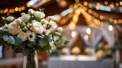 Beautiful tall floral stand with white roses faceless wedding decoration defocused ranunculus and eucalyptus background ceremony backdrop romantic venue decor elegant floral