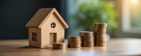 Wooden house model sits beside rising stacks of gold coins on table. Represents financial planning, saving for home purchase. Accumulating wealth for real estate investment. Building equity for
