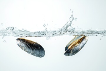 Seafood mussels in water splash, clean minimal composition with shells