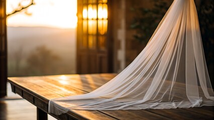 Soft White Bridal Veil Draped Over Wooden Table During Golden Hour Sunset Warm Light