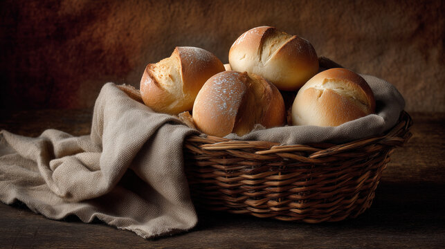 A wicker basket lined with cloth holding warm freshly baked rolls with golden crusts in a cozy rustic bakery environment.