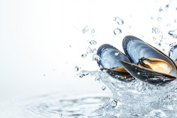 Fresh mussels splashing in clear water with droplets on light background