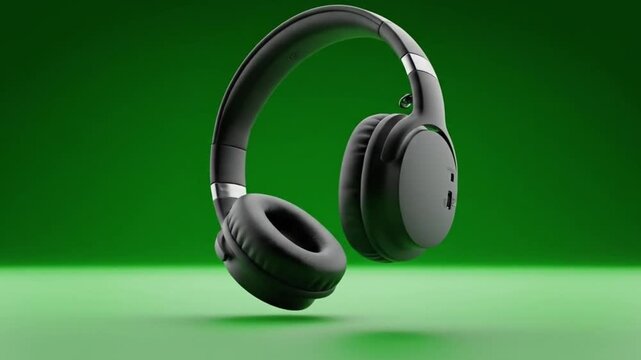 Black wireless headphones on a green background, studio shot.
