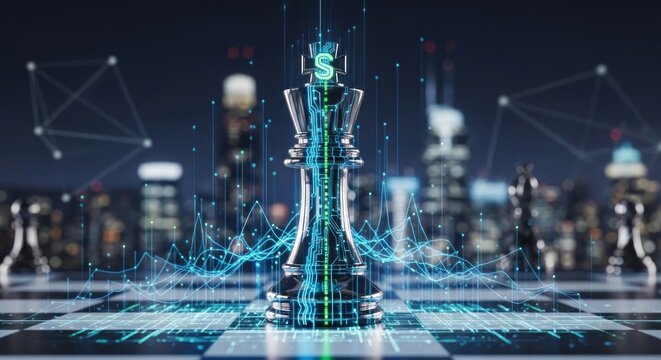 A chess board with a king piece in the center, surrounded by a network of lines and data points, against a cityscape background.