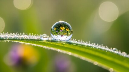 Macro shot of a water droplet on a blade of grass reflecting flowers.