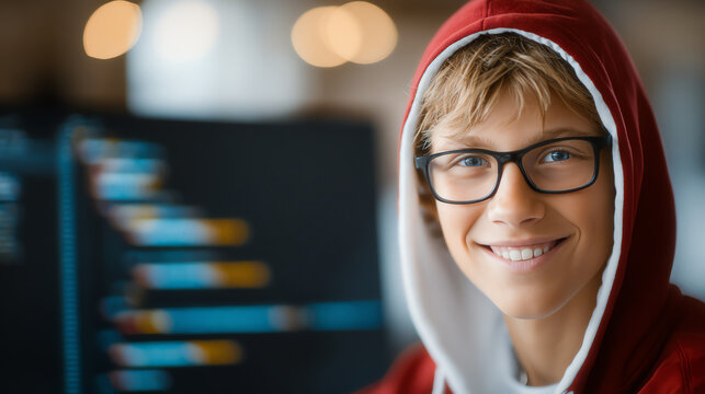 A young programmer smiling while coding on a computer, showcasing enthusiasm and focus in a modern workspace.