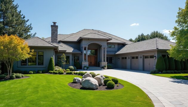 Large luxury house with manicured lawn, garden. Modern estate features wide driveway, multiple garage doors, grand entryway. Rich green trees surround well-maintained property under clear blue sky.